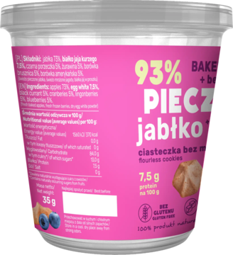 Deser jabłkowy mix jagodowy Smile Based 35g w przezroczystym kubku, różowa etykieta, przód. Bez glutenu.
