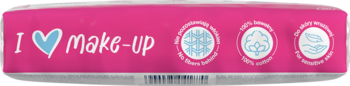 Pink packaging for 'I love make-up' cosmetic wipes, with a blue heart and three light blue circular icons.