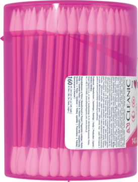 Różowe patyczki higieniczne Cleanic I Love make Up do makijażu w cylindrycznym opakowaniu, widok z boku.