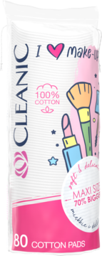 Opakowanie płatków kosmetycznych Cleanic I love make-up, 100% bawełny, 80 sztuk, z grafiką pędzla i szminki, maxi size.