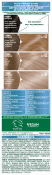 Tabela koloryzacji farby Garnier Long-Lasting Blond, przedstawiająca efekty na włosach.