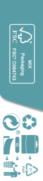 Etykiety ekologiczne opakowania Salvequick Blister Care Heels: logo FSC MIX C08473, symbole recyklingu papieru i innych.