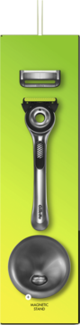 Srebrna maszynka Gillette LABS z 1 wkładem, pionowo na zielonym tle, z okrągłą magnetyczną podstawką.