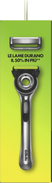 Gillette LABS maszynka z ostrzem, srebrna z czarnymi akcentami, na zielono-żółtym tle. Tekst: ostrza działają 50% dłużej.