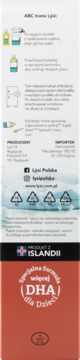 Tył opakowania tranu ABC Lyfi z Islandii (DHA dla dzieci). Widać instrukcje, producenta, recykling i logo DHA.