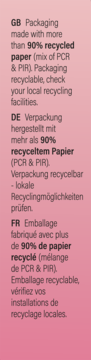 Instrukcje na różowym tle: opakowanie wykonane z ponad 90% recyklingowanego papieru (PCR & PIR), nadające się do recyklingu.