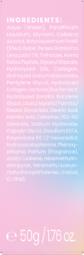 Tył opakowania kosmetyku z listą składników INGREDIENTS i wagą 50g / 1.76 oz, na różowo-niebieskim tle.