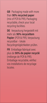 Różowa etykieta z tekstem o opakowaniu z ponad 90% recyklowanego papieru, w językach GB, DE, FR.