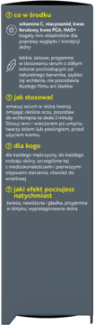 Tył etykiety serum do twarzy z witaminą C. Ciemnoszara etykieta z żółtymi nagłówkami: skład, użycie, efekty.