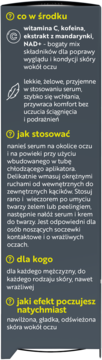 Ciemnoszare opakowanie serum pod oczy dla mężczyzn. Widoczny opis składu, sposobu użycia i efektów działania.