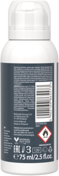 Tył białej butelki z aerozolem serum nawilżającego 75 ml, etykieta z listą składników i symbolami ostrzegawczymi.