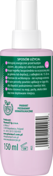 Tył różowej mgiełki po goleniu i depilacji 150ml z białym sprayem, widoczna instrukcja użycia na zielonej etykiecie.