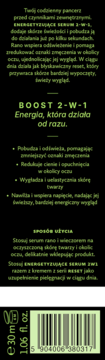 Tył czarnej etykiety serum energetyzującego RESET z zielonym tekstem, kodem kreskowym i objętością 30ml.