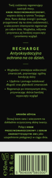 Tył opakowania kremu przeciwzmarszczkowego RECHARGE 50ml. Czarno-zielony design, czytelny tekst, kod kreskowy.