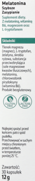 Tył opakowania suplementu Melatonina Szybsze Zasypianie: składniki, info o glutenie/laktozie, przechowywanie, 30 kapsułek.