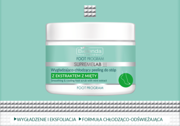 Bielenda Supreme Lab, wygładzająco-chłodzący peeling do stóp z ekstraktem z mięty, w białym słoiku.