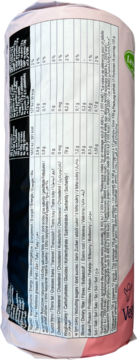 Tył różowego opakowania wafli ryżowych Lestello z solą himalajską. Pionowa tabela odżywcza i lista składników.