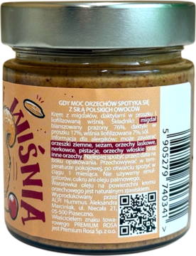 Tył słoiczka kremu orzechowego Wiśnia, z migdałów, wiśni i daktyli, widoczne polskie składniki i kod kreskowy.