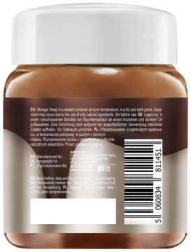 Tył słoika Keto Krem™ Czekoladowy Król, czekoladowy krem z orzechami laskowymi, etykieta z tekstem, niskowęglowodanowy.