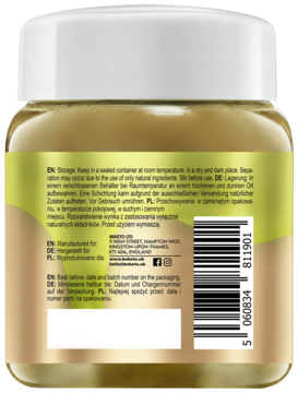 Tył słoika Keto Krem Królowa Pistacja, z beżowo-zieloną etykietą, tekstem EN/PL i kodem kreskowym. Keto, low-carb.