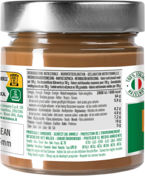 Tył słoika kremu ECONOCE 100% z orzechów laskowych z etykietą, wartościami odżywczymi i zielonym akcentem.