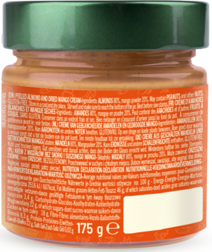 Tył szklanego słoika kremu Nut's Amore z migdałów i mango, z zieloną zakrętką, widoczne dane.