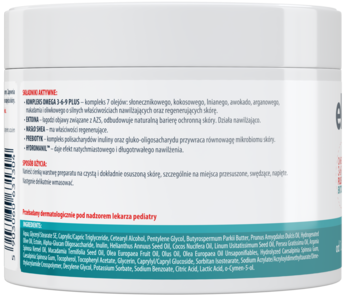 Tył białego opakowania emolientu do skóry atopowej, z widocznym składem aktywnym: kompleks 7 olejów i ektoina.