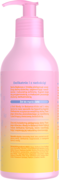 Tył różowo-żółtej butelki żelu do mycia ciała Body in Balance Kids z pompką, widoczne polskie napisy.