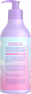 Tył fioletowego szamponu z pompką Hair in Balance Kids do delikatnej pielęgnacji włosów dzieci.