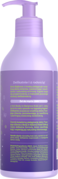 Tył opakowania fioletowego żelu do mycia ciała Body in Balance Kids z pompką, widoczne informacje o produkcie.