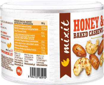 Tył białej tuby Mixit Honey & Baked Cashews z etykietą, wartości odżywcze i logo, widoczne orzeszki.