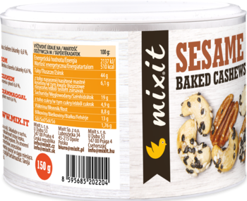 Mixit Sezamowe Pieczone Nerkowce i Pekany w cylindrycznej puszce. Biała etykieta z orzechami, sezamem i tabelą odżywczą.