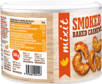 Mixit wędzone pieczone orzechy nerkowca w tubie z etykietą drewnopodobną, pomarańczowe logo i tabela wartości odżywczych, widok z boku.