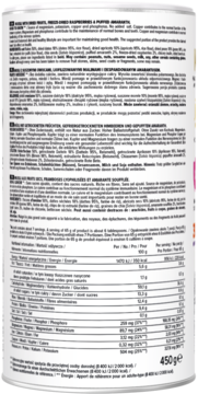 Tył białego opakowania mieszanki liofilizowanych malin i amarantusa 450g, z tabelą wartości odżywczych.