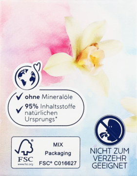 Widok detalu opakowania kosmetyku z kwiatem wanilii, claims: 95% naturalnych składników, bez olejków.