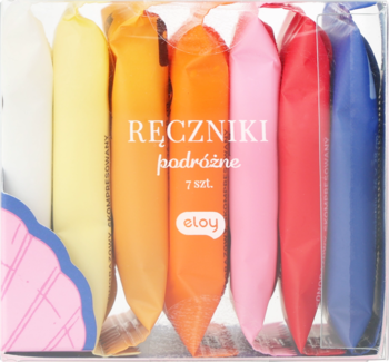 Zestaw Eloy 7 szt. kolorowych ręczniczków podróżnych jednorazowych w przezroczystym pudełku, widok z przodu.