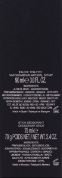 Tył czarnych opakowań zestawu Guilty Pour Homme: woda toaletowa 90ml, dezodorant 75ml, widoczne składy.
