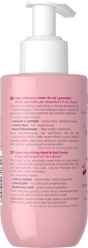 Tył różowego kremu do rąk Oui, Mon Chéri z białą pompką, widoczne opisy składników i stosowania.