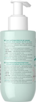 Tył jasnoniebieskiej butelki z pompką Super Moisturizing Hand & Nail Cream, z opisem matcha i aloesu.