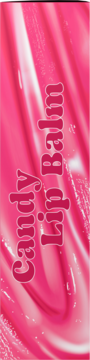 Etykieta Candy Lip Balm, tło z lśniącej, wirującej różowej masy, napis "Candy Lip Balm" w pionie.