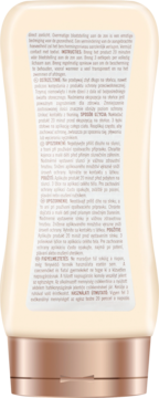 Tył beżowego balsamu Hawaiian Tropic Glowing Protection SPF 30 z małym tekstem i brązową nakrętką.