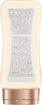 Tył balsamu Hawaiian Tropic Glowing Protection Lotion SPF50 w beżowej butelce, ze składnikami i instrukcjami.