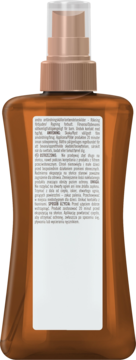 Brązowa butelka Hawaiian Tropic SPF 30 dry oil mist, widok z tyłu, biała etykieta z opisem.
