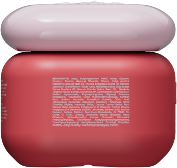 Tył nawilżająco-odżywczego VIDAMASŁA DO CIAŁA w czerwonym słoiku z różową nakrętką i listą składników.