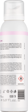 Tył białego balsamu do ciała w sprayu 5.07 fl.oz. z widocznymi składnikami, symbolami recyklingu i ostrzeżeniem.