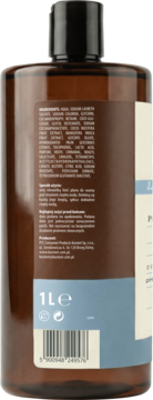 Tył brązowej butelki płynu do kąpieli Sense of Pleasure 1L, z etykietą zawierającą skład i sposób użycia.