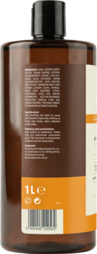 Tył brązowej butelki sensualnego płynu do kąpieli Cytrusowy Las. Widoczna etykieta ze składem i kod kreskowy, 1L.