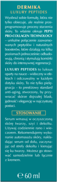 Ciemnoturkusowe opakowanie serum Dermika Luxury Peptides 60ml, opis Pepti Pro-Collagen Technology z przodu.