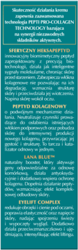 Tekst z opisem technologii PEPTI PRO-COLLAGEN i aktywnych składników kremu pod oczy, tło turkusowe.