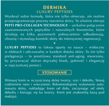 Tekst Dermika Luxury Peptides o technologii Pepti Pro-Collagen, peptydach, działaniu anti-aging i aplikacji kremu.